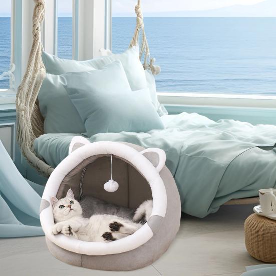 Pat peșteră pisică drăguță Cuib amuzant pentru pisici cu bilă suspendată Pat confortabil pentru calmarea pisicilor cu urechi Perna lavabilă detașabilă pentru pisici de interior, pisoi și animale de companie mici