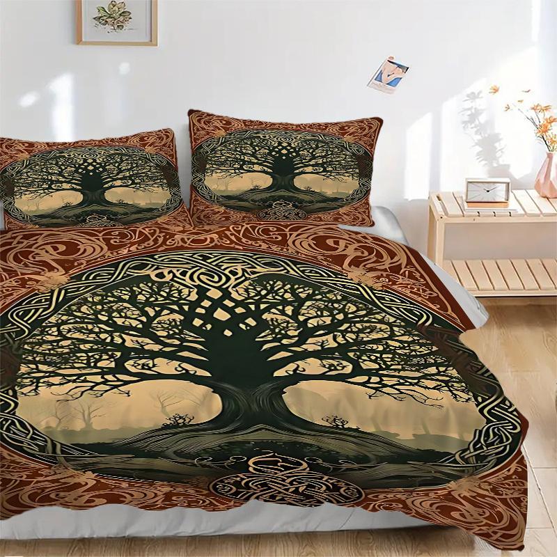 3pcs Tree of Life Celtic Knotwork Comforter Set with Two Pillowcases (No Core), Home Decor, Festival Gift, Polyester Fabric, Anime Cartoon Design