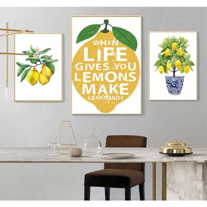 Lemon Print Chinoiserie Planter Bonsai Canvas Painting Zen Decor Oriental Art Blue White Willow Style Lemon Poster Kitchen Decor