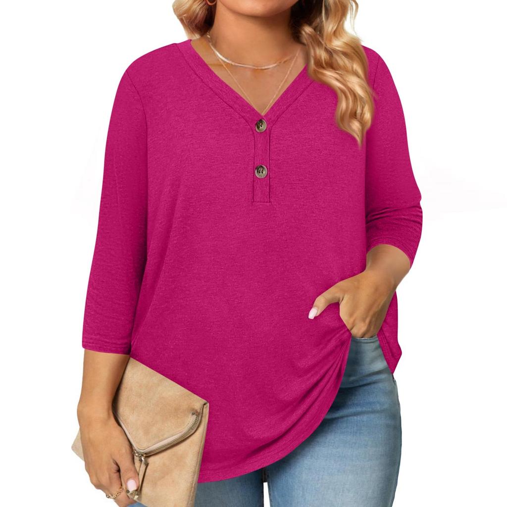 3/4 Length Sleeve Womens Tops Plus Size Button Down V Neck Shirts Blouses Casual Solid Color Loose