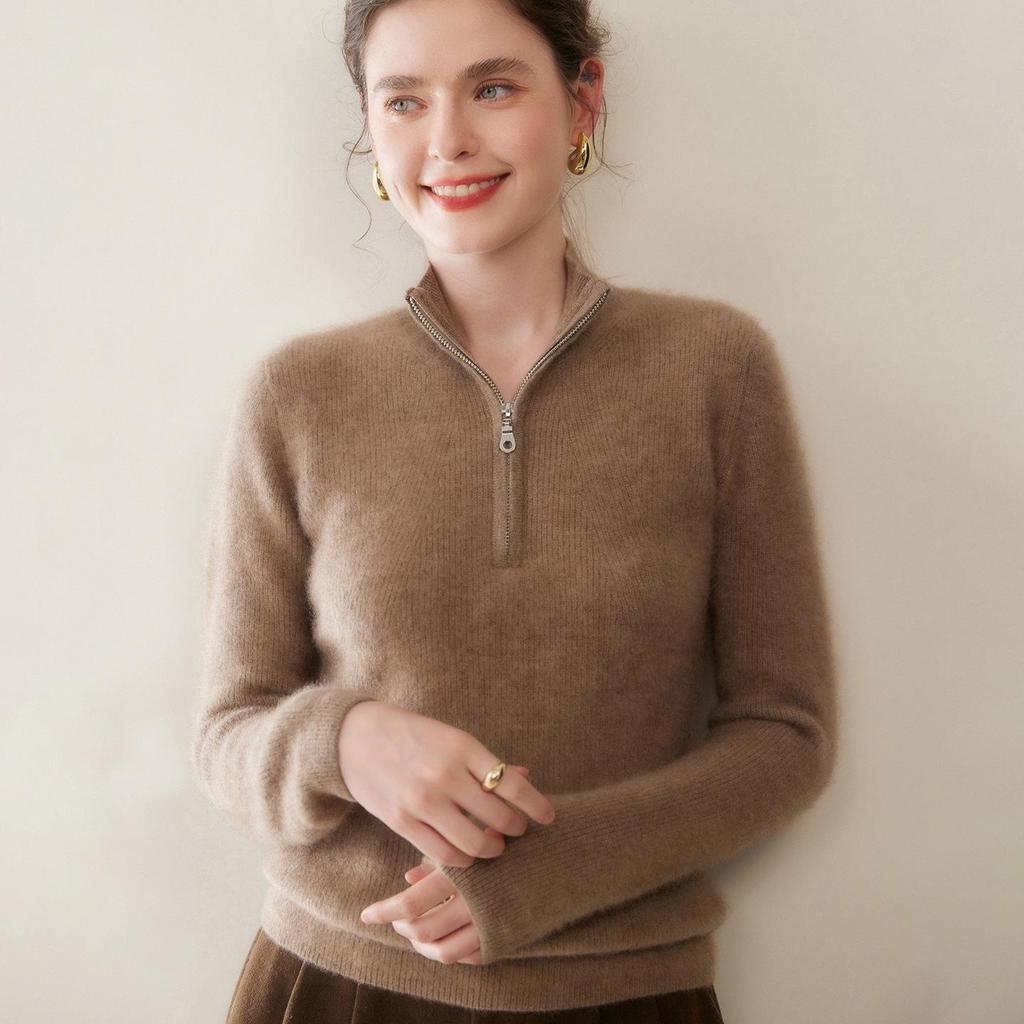 2025 Autumn/Winter Women's Thickened Cashmere Half-Zip Sweater - Loose Fit & Slimming Solid Color Pullover
