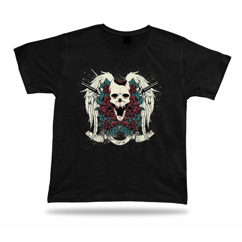 Tshirt Tee Shirt Birthday Gift Idea Skull and Guns Creepy Rose Emblam Classic
