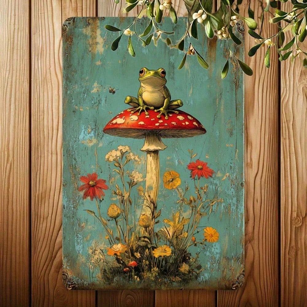 Frog Mushroom Vintage Metal Sign Funny Rainforest Decor Pre Drilled Holes Wall Art Home Garden Cafe