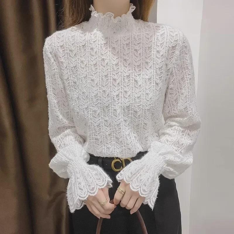 Women's Thickened Velvet Lace Half-Turtleneck Top - Elegant Autumn/Winter 2024 Fashion