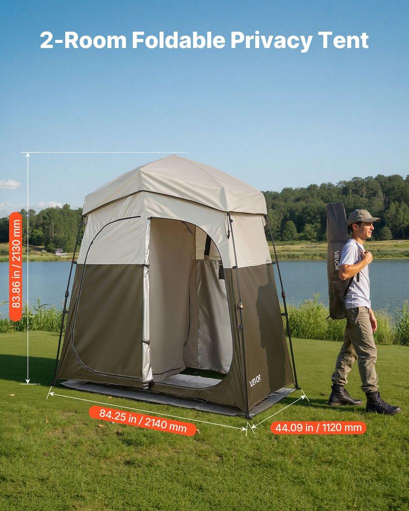 Camping Shower Tent, 2-Room Foldable Portable Privacy Tent Changing Room with Ground Stakes, Ropes, and Carry Bag, 150D Oxford Fabric with Silver