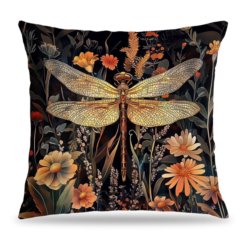 VIKAMA Vintage Gouden Libel & Wildebloemen Kussenhoes Donkere Botanische Kussenhoes voor Bank Slaapkamer Huisdecoratie 40x40cm