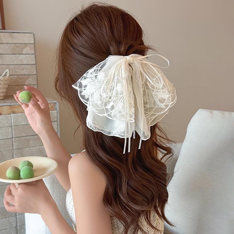 

New French Lace Bow Ponytail Clip Sweet Holiday Style Shark Clip Elegant Hairpin Hair Accessories бежевый