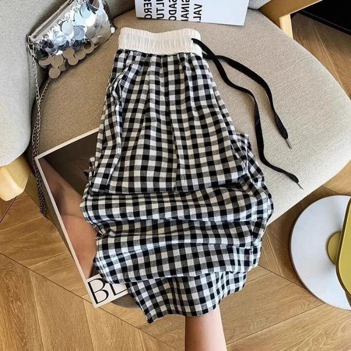 

Women s Retro Blue Plaid Drawstring Summer Pants - Stylish, Loose, and Slimming Fashion XL чорний