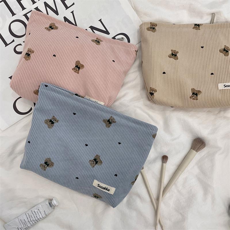 Portable Cartoon Bear Makeup Bag Corduroy Large Capacity Cosmetic Bag Pen Bags For Women Lady Girl