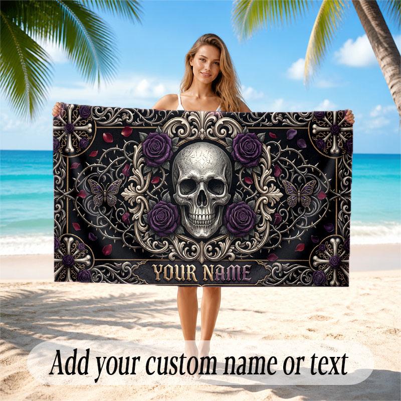 Skull Gothic Theme Beach Towel Personalized Custom Name & Text Soft Quick Dry Beach Towel for Swimming Travel
