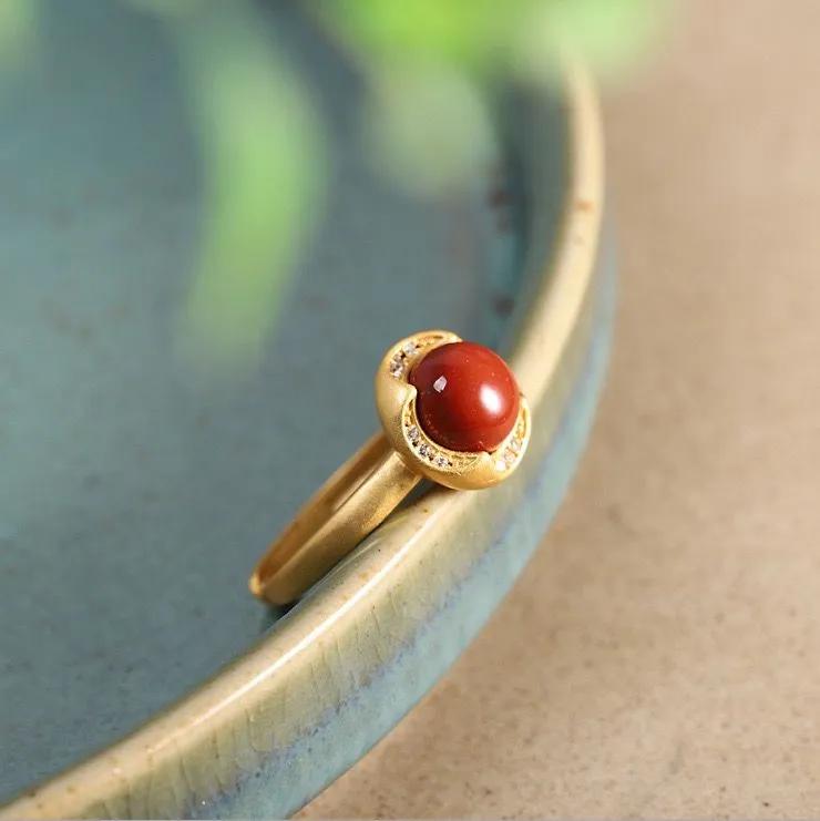 Inlaid With Southern Red Agate, This Elegant And Vintage- Open-back Ring Features A Finish. One Size