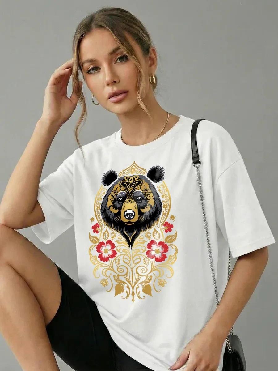 Cotton short-sleeved t-shirt street personality fashion ruffian handsome bear print niche fun outerwear meat cover top S