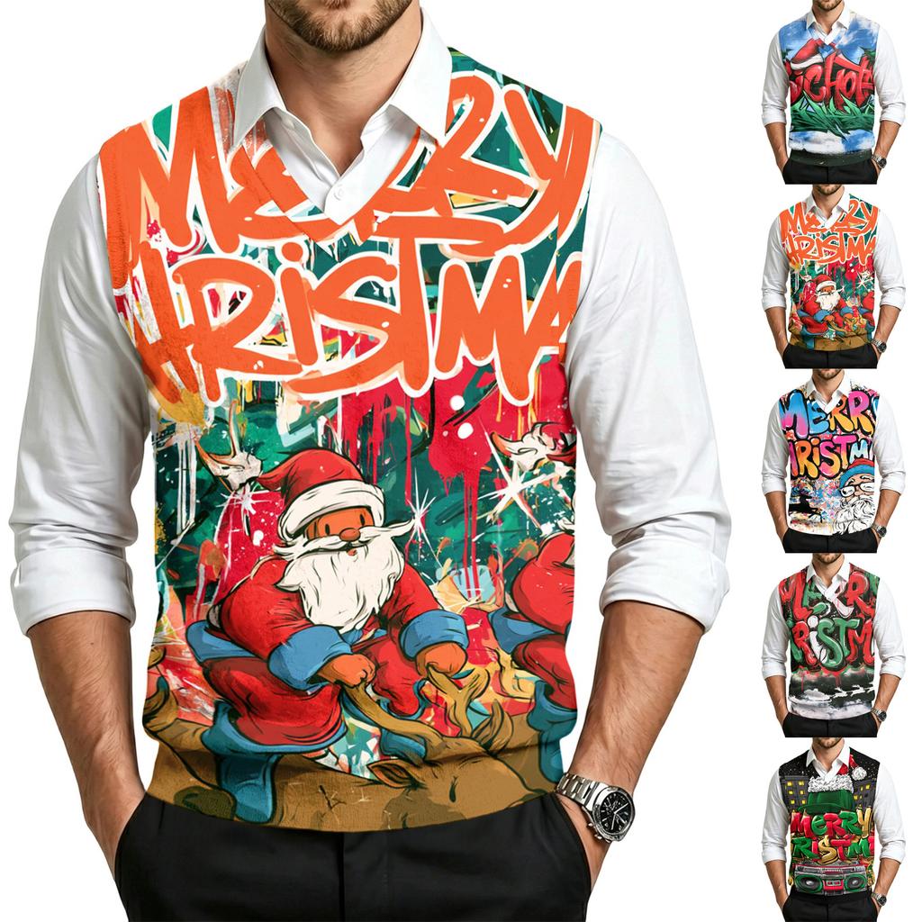 Herre Afslappet Juleprint Strikket Vest, V-hals Ærmeløs Uld Pullover til Pendling