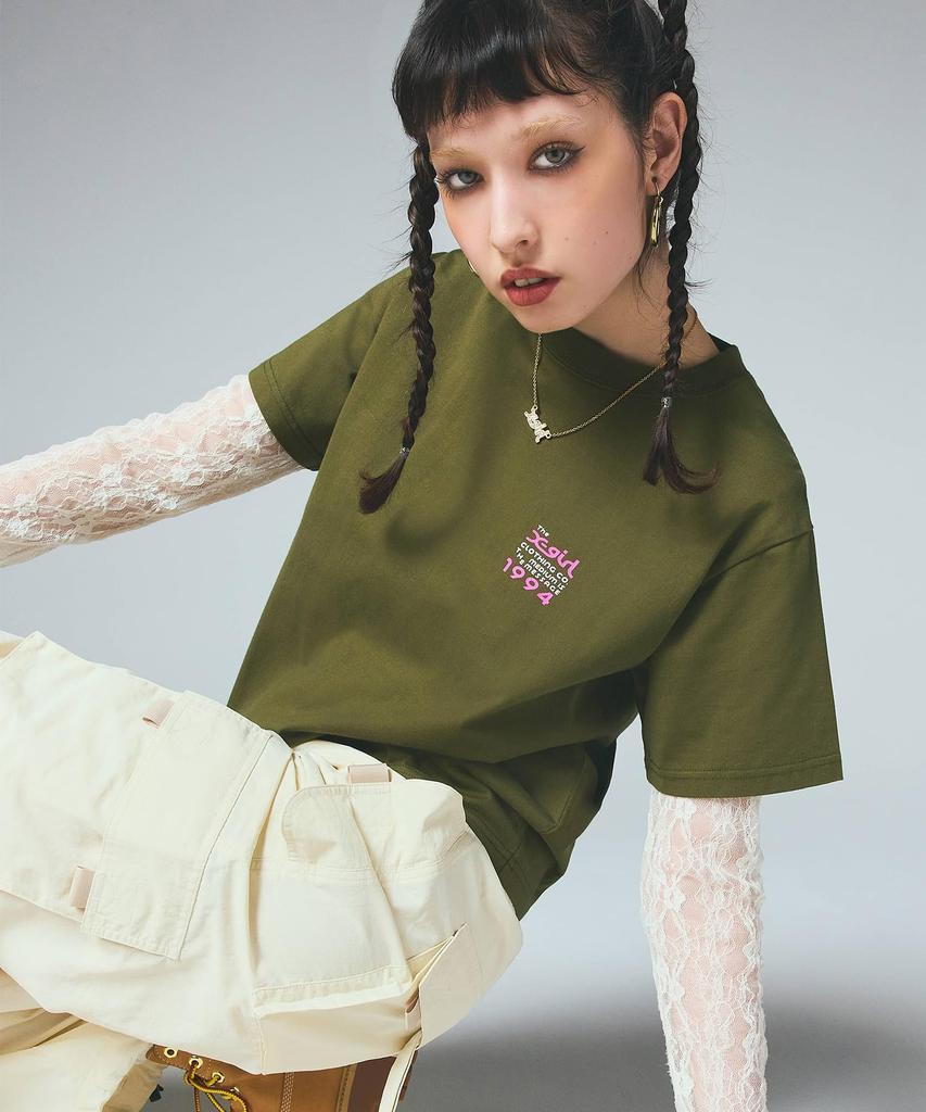 Casual Box Logo and Face Short Sleeve Olive X-girl Tee, Women's,