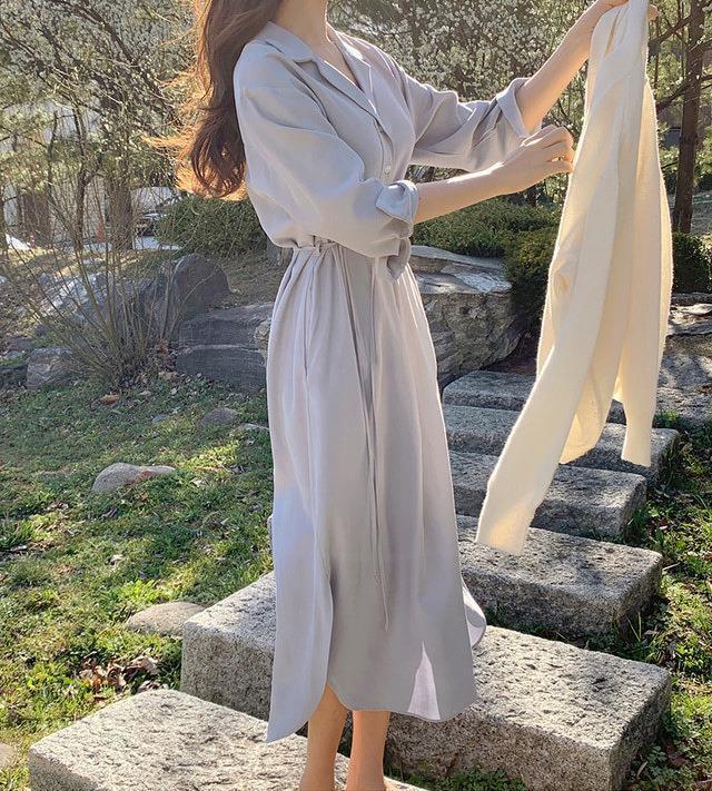 Korean Minimalist Tie-Waist A-Line Shirt Dress for Women