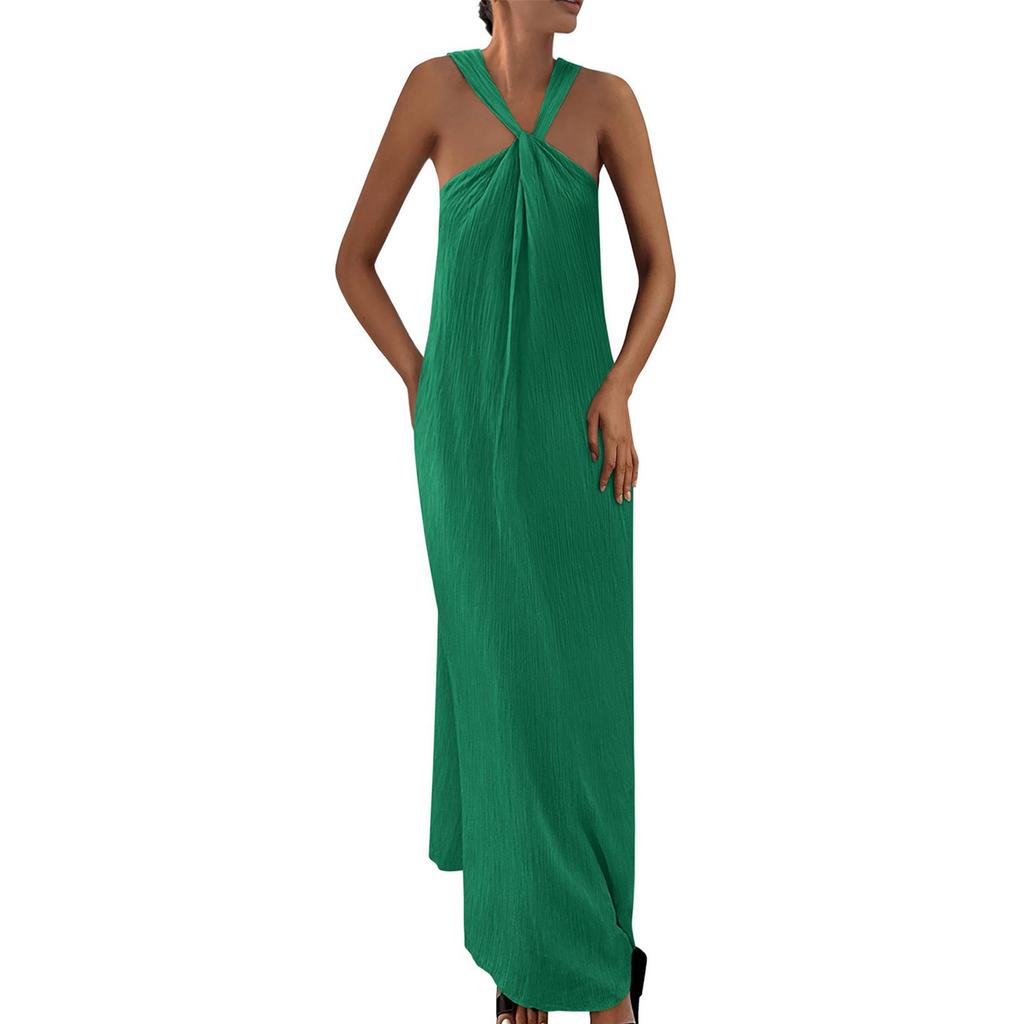 Dámské módní a sexy jednobarevné šaty s výstřihem do V, bez rukávů, na plážovou dovolenou, ležérní