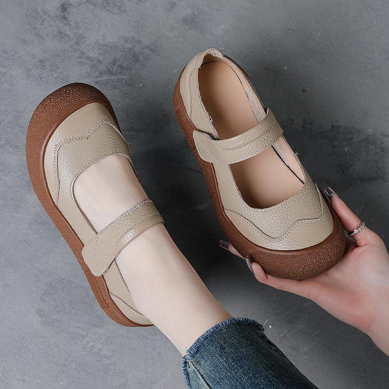 Genuine Leather Mary Jane Flats Women's Luxury Wide Width Shoes Autumn Woman Vintage Flat Moccasins Thick Durable  Loafers