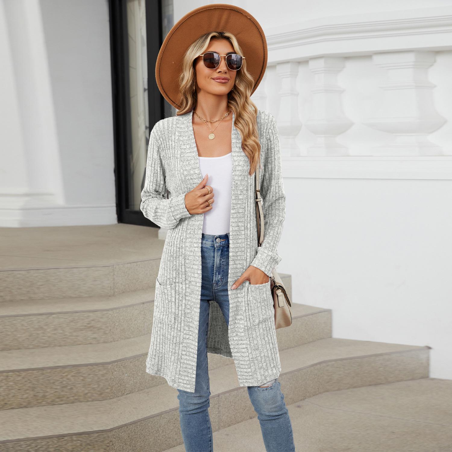 

Женский длинный однотонный кардиган-жакет с длинными рукавами, свободного кроя и карманами L серый