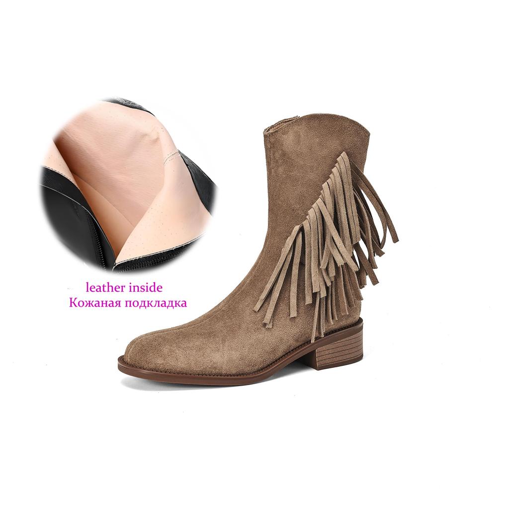 Krazing Pot Cow Suede Nubuck Autumn Winter Shoes Med Heels Size 42 Modern Boots Round Toe Zipper Tassel Ankle Boots