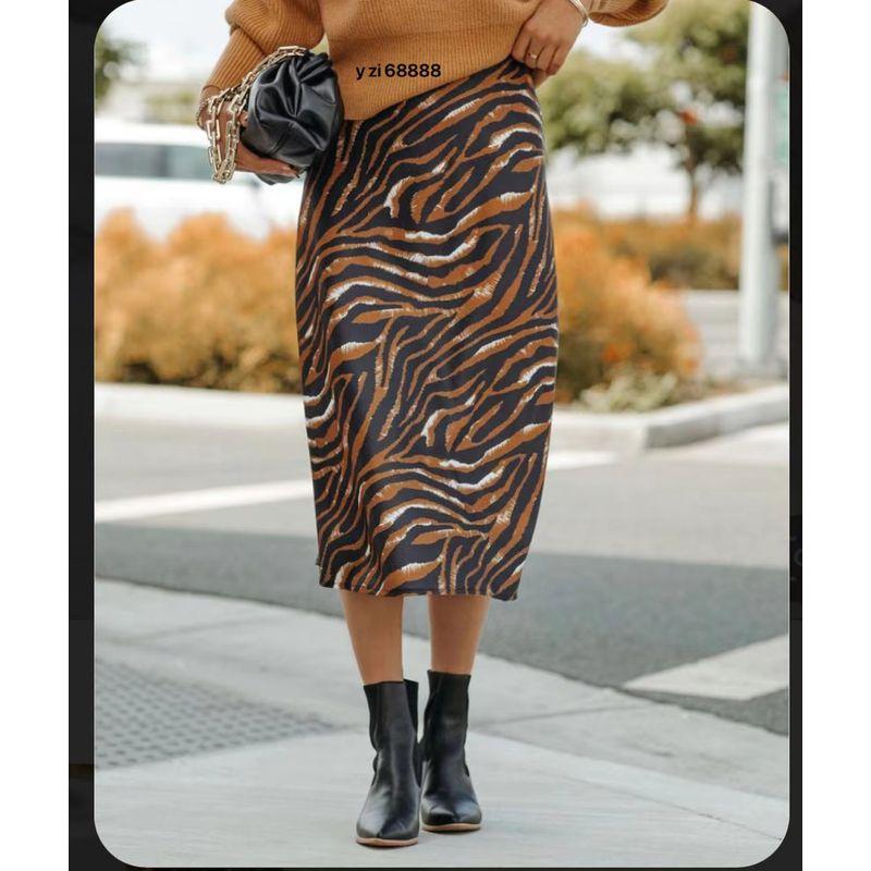 

Instagram Style Brand A- line Smooth Imitation Satin Skirt Zebra-print overskirt L
