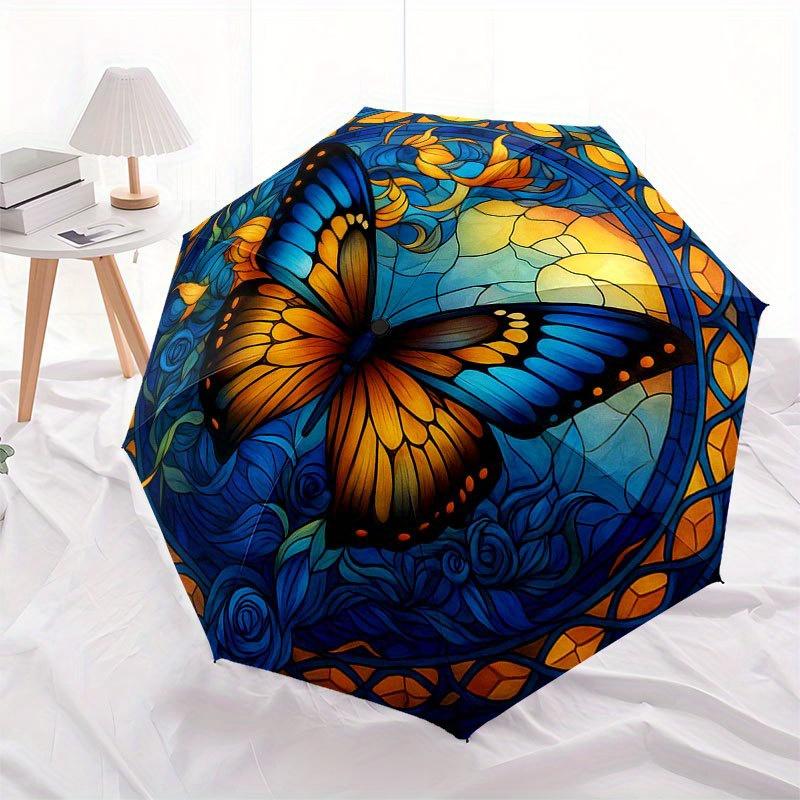 Stunning Stained Cute Butterfly Window Art Umbrella, Cute Umbrella with Cute Design, Portable 3-Fold Compact Umbrella for Men & Women, Valentine's Day