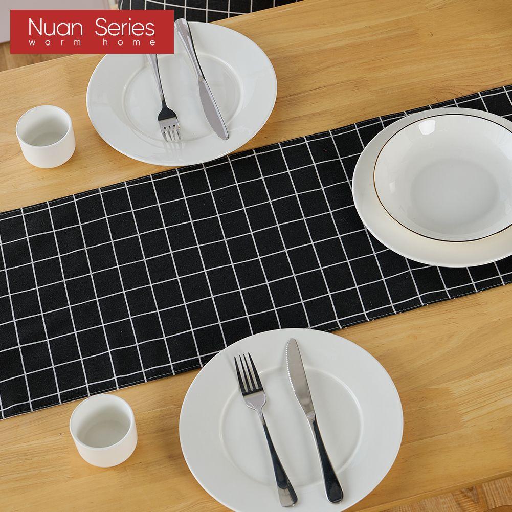 1PC Nuan Series Simple and Versatile Black Checkered Printed Cotton Linen Table Runner for Dinner Table Decor Kitchen for Home Table Home Decor