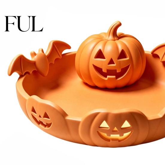Decorative Table Centerpiece Halloween Pumpkin Tray, Bat Relief Candy Holder, 3D Printed Tray Desktop Storage Bowl, Spooky Tabletop Ornament for Party