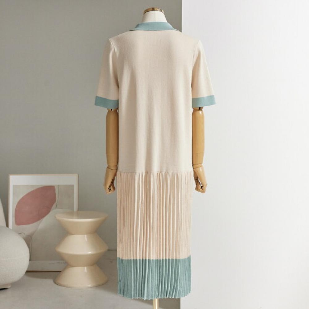 Customable Collar Hem Color Pleated Knit Dress T2604op601b