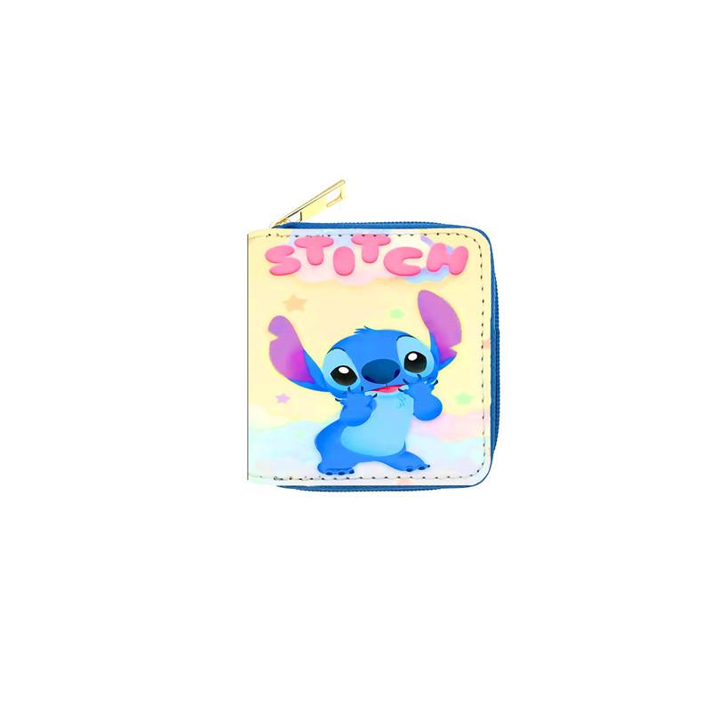 Stitch PU Cartoon Coin Purse Short Zipper Wallet for Women Students ID Card Holder Blue 6pcs