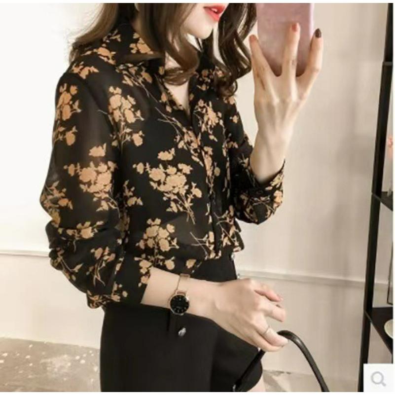 Floral Shirt Women's Long-sleeved Spring and Autumn Bottoming Shirt Shirt Loose Large Size Retro Spring and Autumn Top