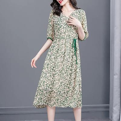 Feminino floral impressão a linha midi vestido com decote em v meia manga cintura cordão flowy hem vestido casual streetwear