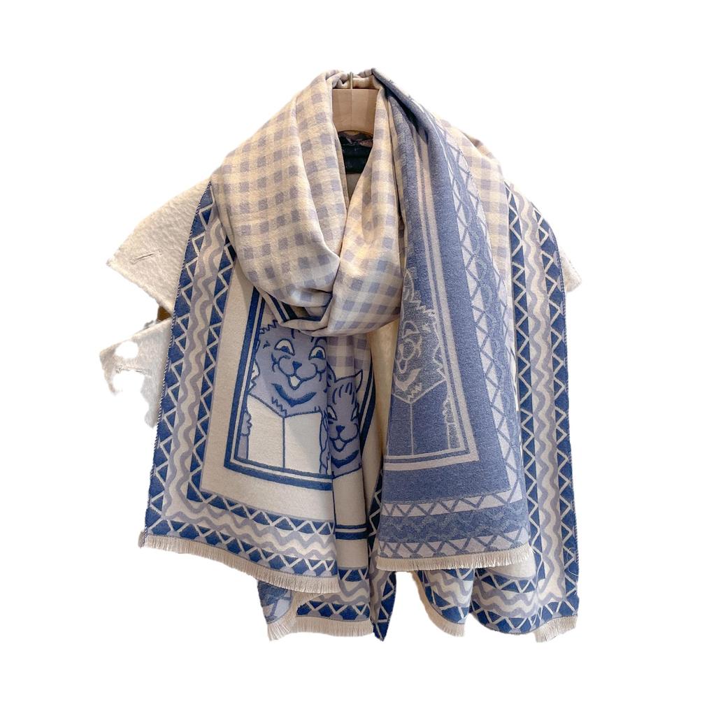 Imitation Cashmere Plaid Scarf Women'S Cute Kitten Printing Trend Big Shawl Warm Thick Scarf
