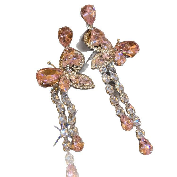 Silver Needle Butterfly Zircon Water Drop Tassel Earrings: Luxurious High-End Studs with Fashionable Precision