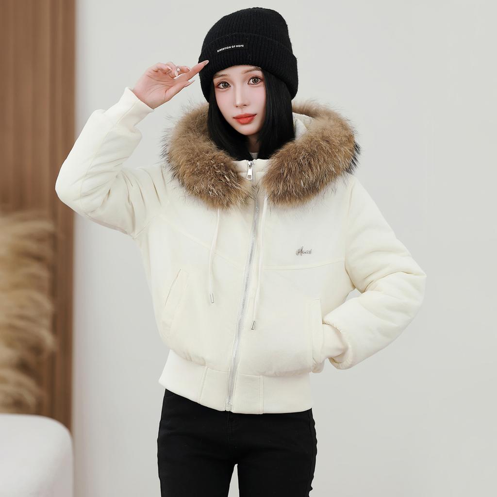 Big fur collar hooded short cotton-padded clothes women's fleece thickened warm jacket winter new cotton-padded jacket small cotton-padded clothes