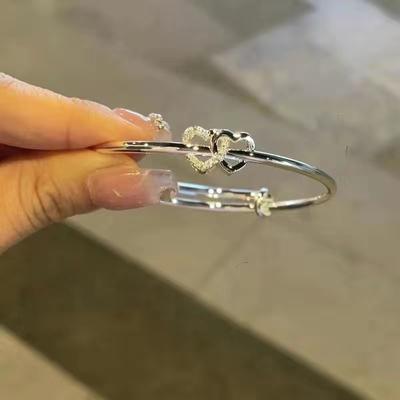 Double Heart Adjustable Bangle Silver Color Personality Simple Bracelet For Women Girls Friendship Jewelry Gifts