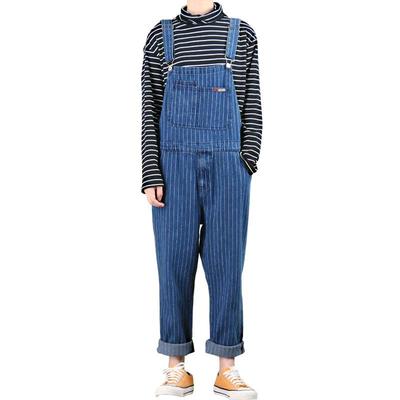 Men's Denim Overalls Japanese Retro Striped Jeans Men's Straight Loose Overalls Suspenders Korean Version of the Overalls