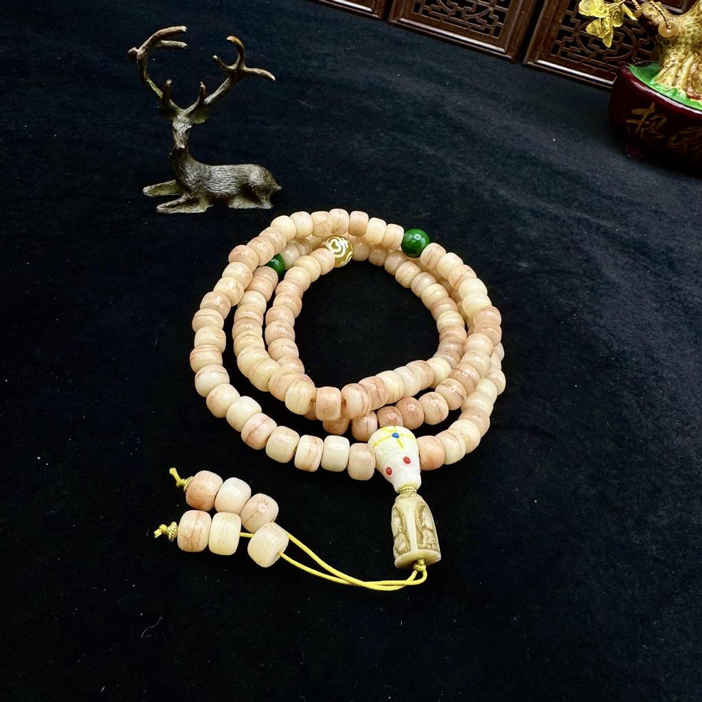 Tibetský Jak Kost Imitace Qiu Roh Dzi Korálkový Náhrdelník s Kaviárovým Vzorem - Unisex Budhistické Růžencové Doplňky.