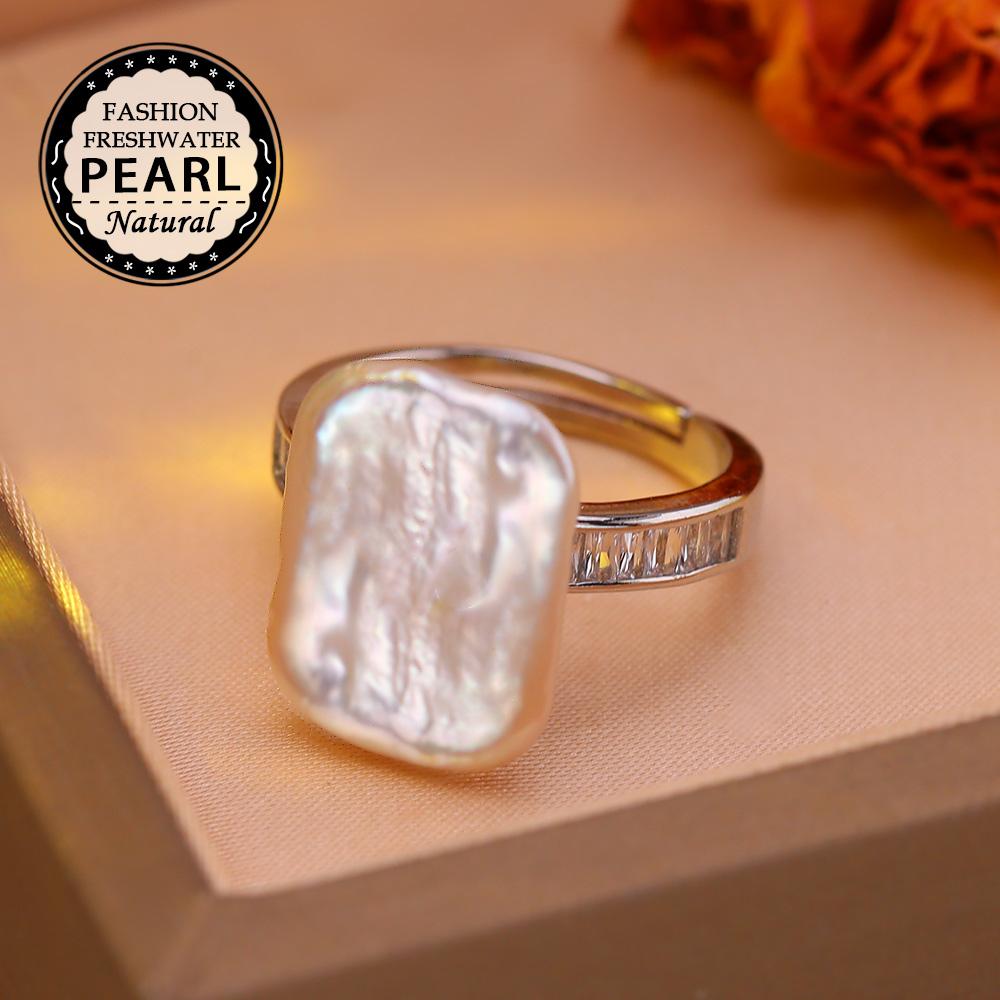 SENIKO 12-16mm Natural Freshwater Pearl Rings For Women Fashion Female Cubic Zirconia CZ Ring Pearl Jewelry Adjustable Ring
