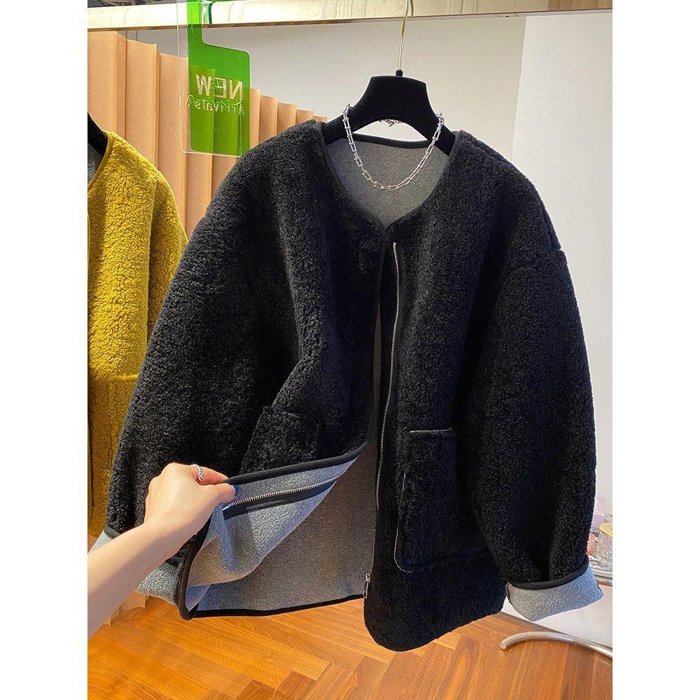 Manteau d'hiver 2025 pour femme - Jaune doux en laine d'agneau - Coupe ample, épais et duveteux