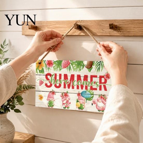 Summer Themed Gifts Wooden Hanging Sign, Beach Theme Welcome Sign Front Door Decor with Rustic Wood Plaque Rope, Colorful Hanger for Seasonal
