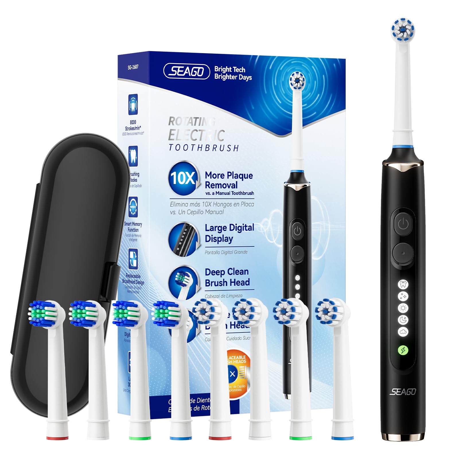 

SEAGO Rotating Electric Sonic Toothbrush with Double 8 Replacement Brush 5 30 Days of Charging Gift for Family Toothbrush, Button, Tips, Modes, чёрный
