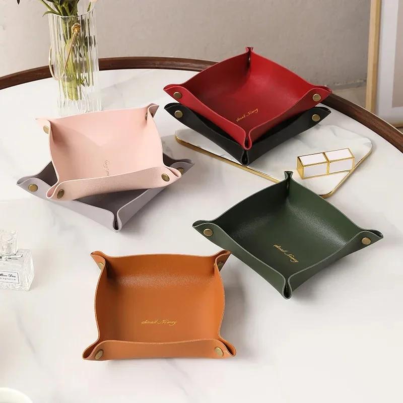 Foldable PU Leather Storage Box Desktop Cosmetic Jewelry Storage Tray Home Office Keys Coins Storage Organizer