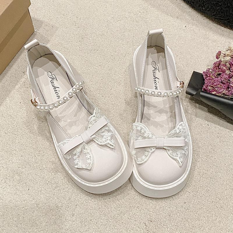 Fashion Chunky Heel Shoes Summer New Round Head Shallow Mouth Lace Butterfly Knot Metal Buckle Waterproof Platform Non-slip High Heels