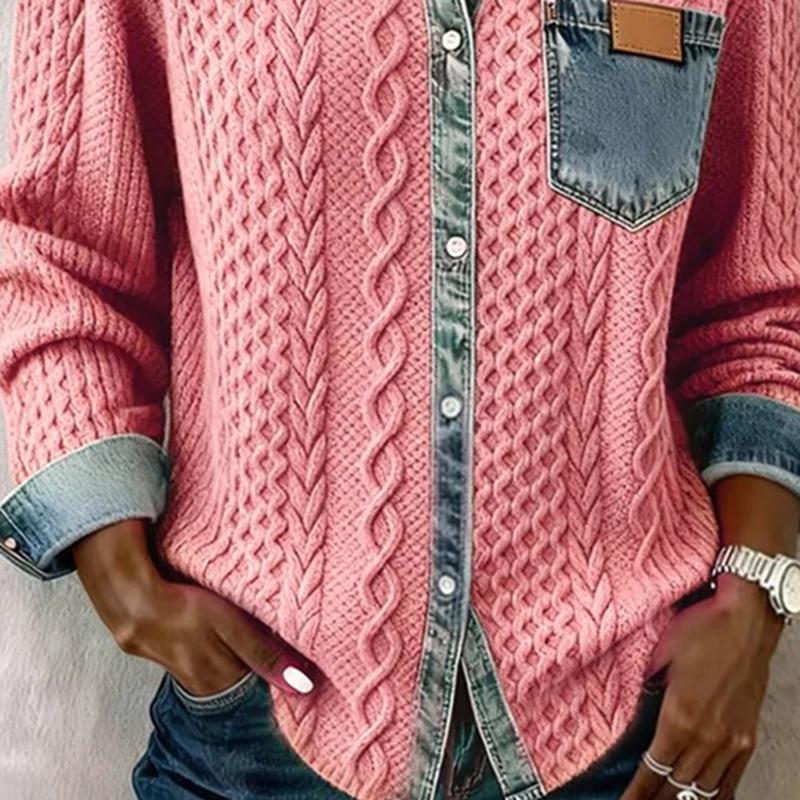 Woman Fashion Patchwork Knitted Sweater Autumn Turn-down Collar Button Top Cardigan Winter Long Sleeve Knitwear Shirt Outerwears