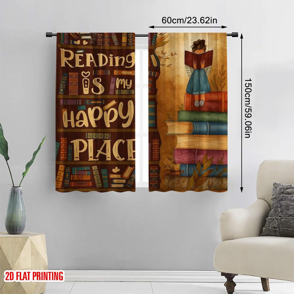 2pcs,2D plane printing Minimalist Curtains Bookworm Bliss Versatile Polyester Fabric (without rod) Decorations Inside Perfect