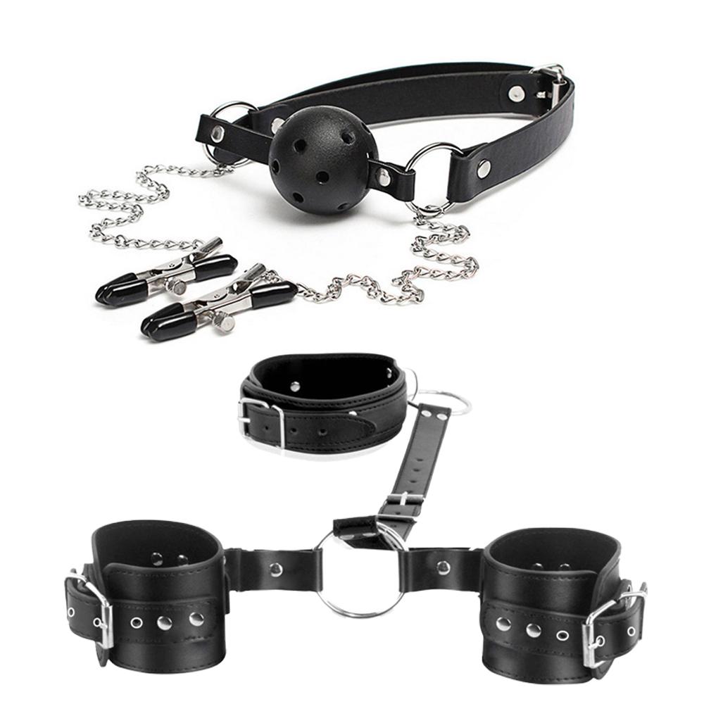 Bondage Sex Restraints Kit Neck To Wrist Restraints Leather Straps Whip SM Bondage Harness Sex Games Adult Sex Toys