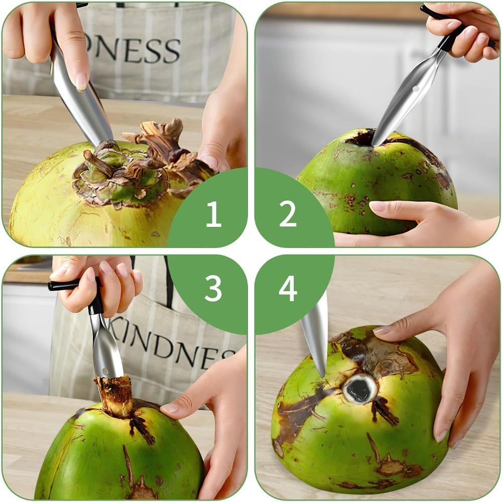 2-Piece Stainless Steel Coconut Cutting Tool Set, Coconut Hole Puncher and Meat Removal Scraper with Durable Non-Slip Handle