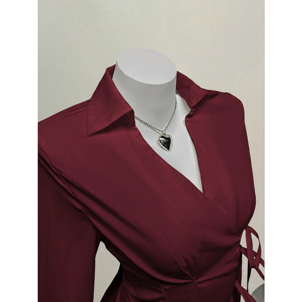 Women's Casual Top, Versatile, Elegant, Waist Cinching Design, Solid Color Women's Shirt