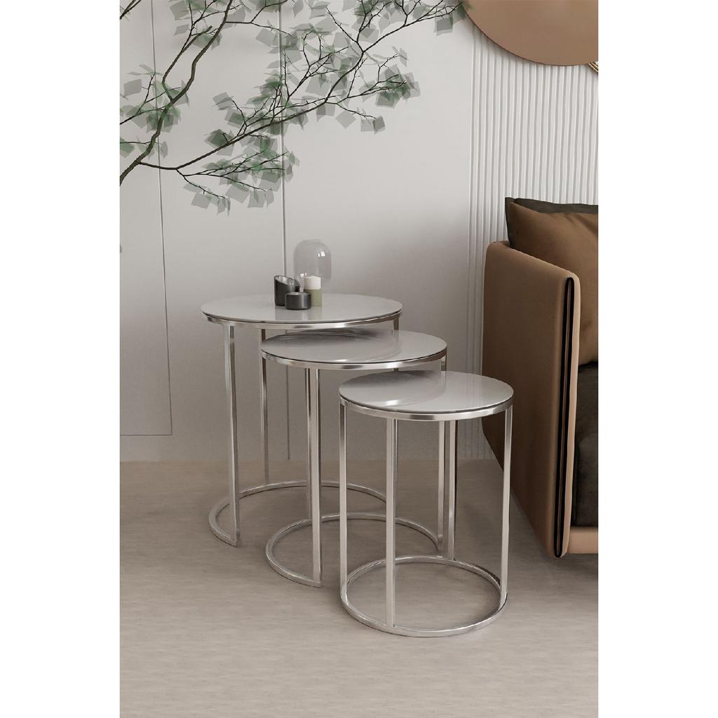 Ceylin 3-seat Nesting Coffee Table Silver Color Metal Leg, White Shatterproof Glass