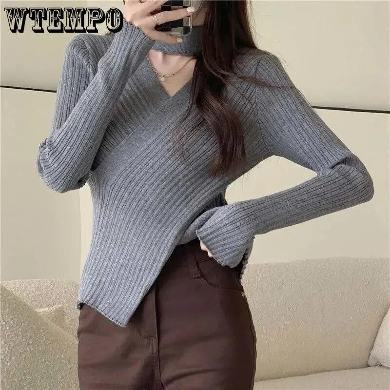 Černý Tenký Slim Halter Dutý svetr Dámské Pletený svetr s dlouhým rukávem Jednobarevné Sexy Ležérní Top Jarní Podzim tílko